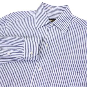 Paul‎ Stuart Mens L Blue White Stripe 100% Linen LS Shirt Made in Italy